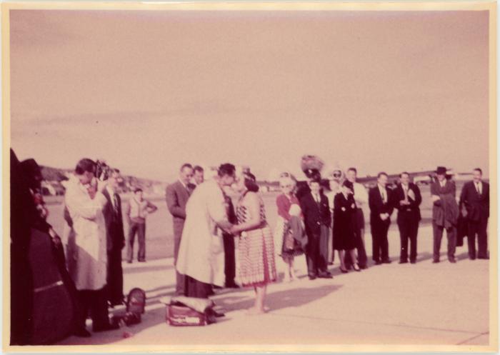 Maori women rub noses with Dave Brubeck (airport, New Zealand)