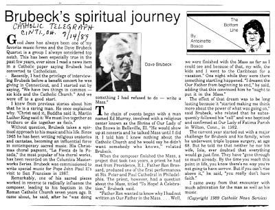 Antoinette Bosco, "Brubeck's Spiritual Journey," Catholic Telegraph (Cincinnati, Ohio)