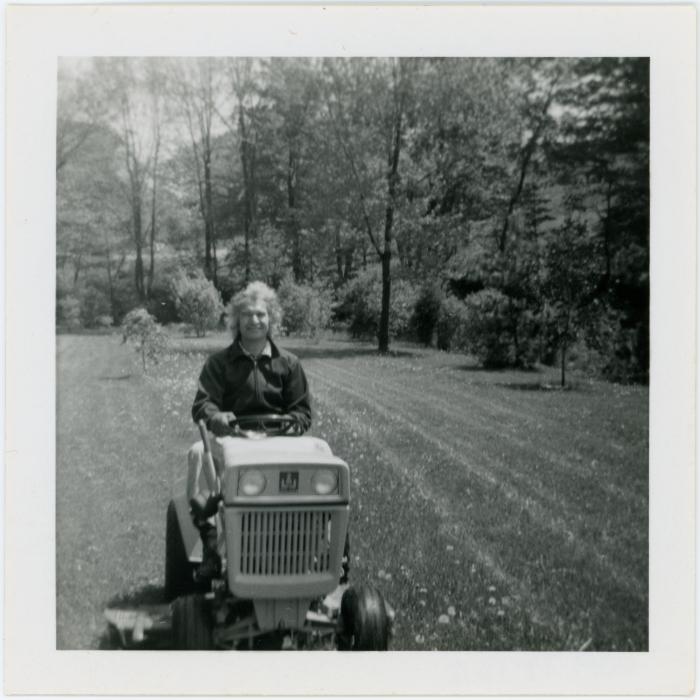 Dave Brubeck on a riding lawnmower mowing his lawn (Wilton, Connecticut)