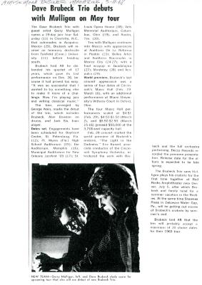 "Dave Brubeck trio debuts with Mulligan on May Tour," Amusement Business Magazine