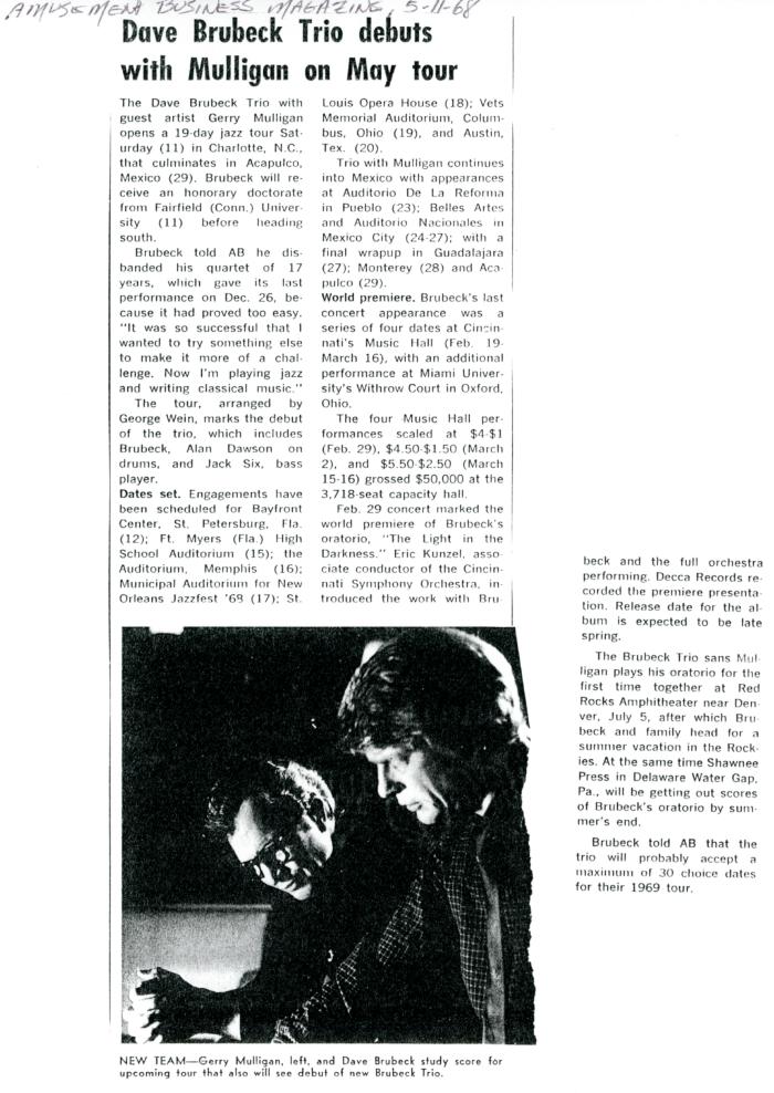 "Dave Brubeck trio debuts with Mulligan on May Tour," Amusement Business Magazine