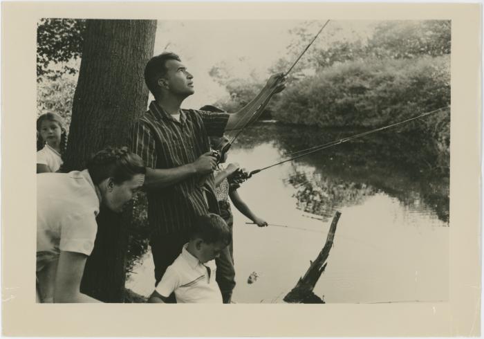 Dave Brubeck fishing with Iola Brubeck, Catherine Brubeck, and two of the Brubeck boys (Wilton, Connecticut)