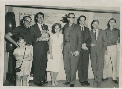 Dave Brubeck, Paul Desmond, Joe Morello, Kim Bonython, Robert Bruce, Valda Bruce, Keith Bruce at airport (Sydney, Australia)
