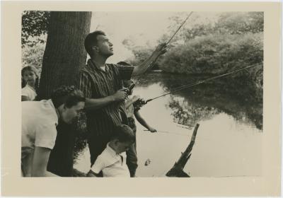 Dave Brubeck fishing with Iola Brubeck, Catherine Brubeck, and two of the Brubeck boys (Wilton, Connecticut)