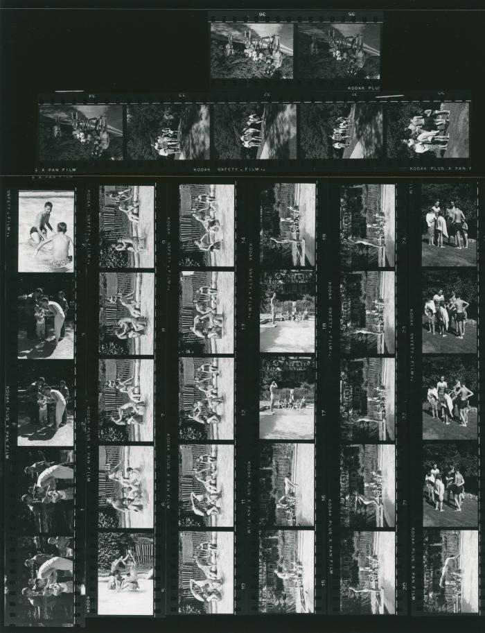 Dave Brubeck giving diving demonstration for Iola Brubeck, Darius Brubeck, Michael Brubeck, Chris Brubeck, Catherine Brubeck, Dan Brubeck at Irving Townsend house (Wilton, Connecticut)
